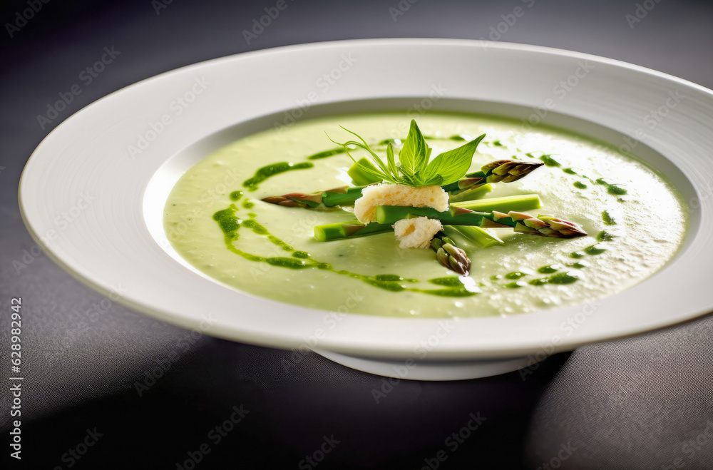 Creamy Asparagus Soup in a white plate, topped with sliced asparagus tips, bread, and herbed green oil. Creamy Asparagus Soup in a white plate, topped with sliced asparagus tips, bread, and herbed green oil.