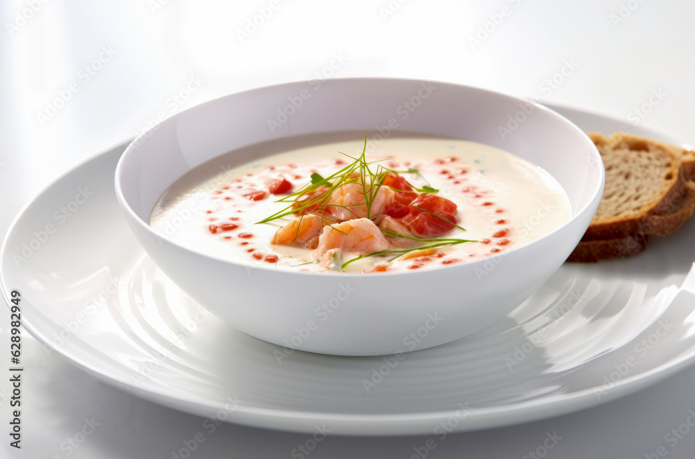 Creamy Seafood Bisque in a white bowl with a slices of toasted bread. Creamy Seafood Bisque in a white bowl with a slices of toasted bread.
