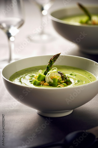 Cream of asparagus soup in a white plate, topped with sliced asparagus sprout, garlic flakes, and onion rings.