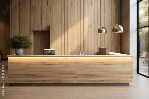 Reception Desk Mockup with Light Wooden Wall Accents beside It. AI