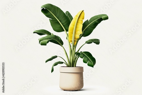 Banana plant in pot on white background. Generative AI