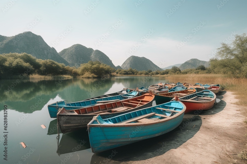Scenic view of colorful boats on Crmnica River to Lake Skadar in Montenegro, Balkans. Generative AI