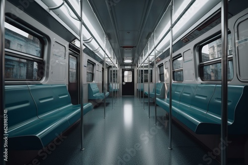 Empty subway carriage. Interior rendered in 3D. Generative AI