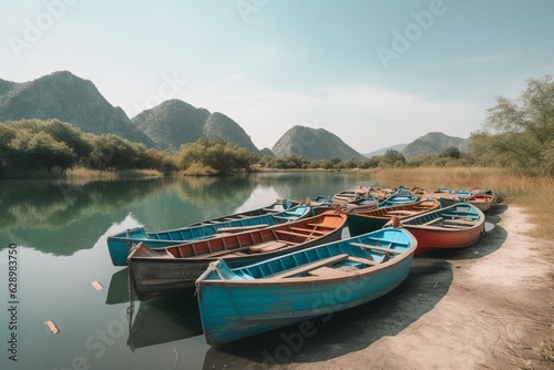 Scenic view of colorful boats on Crmnica River to Lake Skadar in Montenegro  Balkans. Generative AI