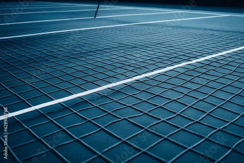 Close-up view of a blue tennis court adorned with white boundary lines. Generative AI