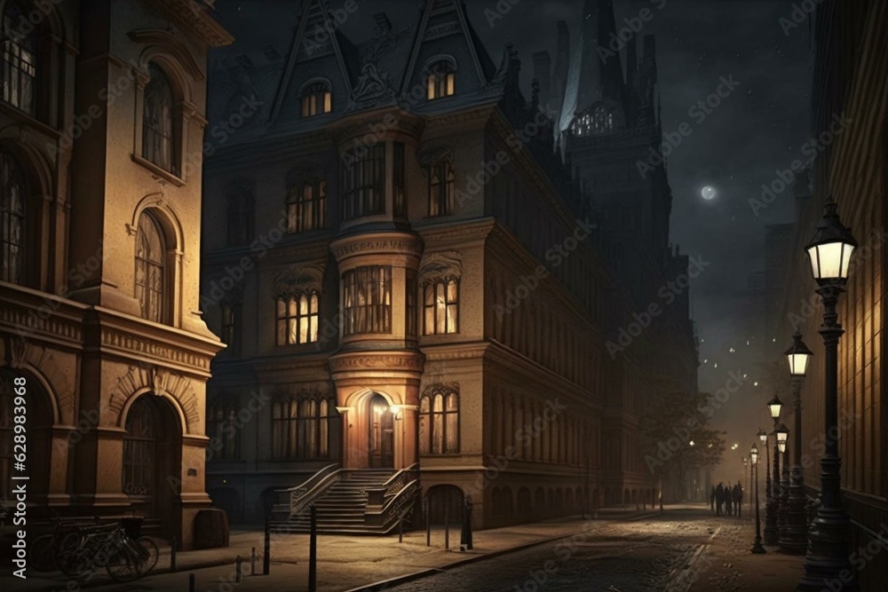 Nighttime city street with 19th century urban architecture. Generative AI