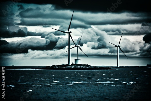 Wind turbines on a cloudy afternoon, off the coast. A sustainable energy solution. Generative AI