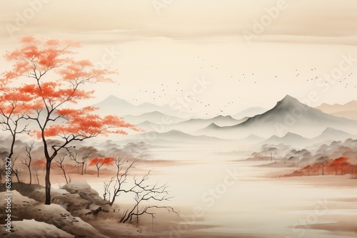 Red Landscape: Traditional Chinese Painting of Hills and Trees on Textured Paper. AI