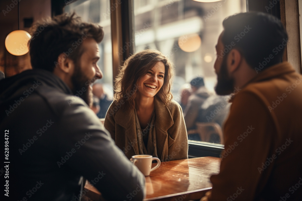 Lifestyle, friendship, food and drinks concept. Group of happy friends drinking coffee and talking with each other in cafe. Generative AI