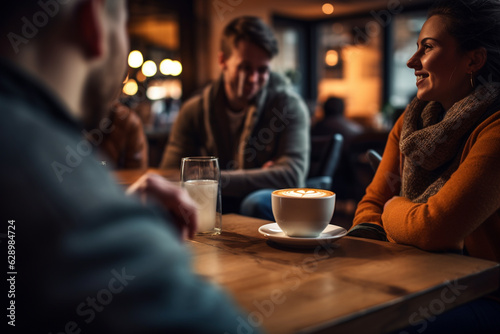 Lifestyle, friendship, food and drinks concept. Group of happy friends drinking coffee and talking with each other in cafe. Generative AI