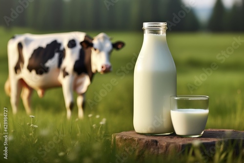 A White Cow Beside Milk Bottle in Lush Green Field with Trees and Milk Jar in Foreground. . AI