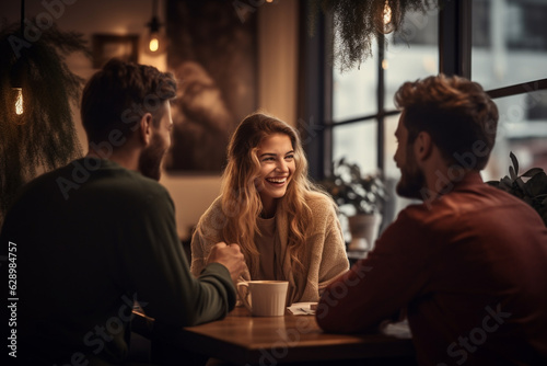 Lifestyle, friendship, food and drinks concept. Group of happy friends drinking coffee and talking with each other in cafe. Generative AI