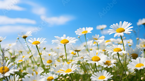 Stunning Chamomile Flower Field with Delicate White Petals and Sunny Yellow Centers Under a Clear Sky. Generative Ai. 