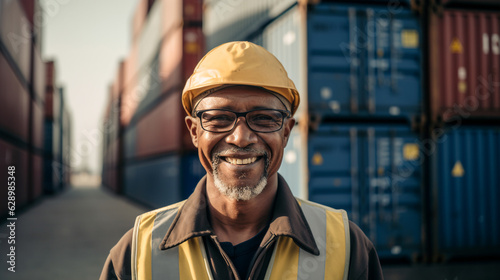 Generative AI, a man in a work suit and a reflective vest in a helmet or hat stands against the backdrop of the seaport and smiles, maritime transport, port loader, sea station employee