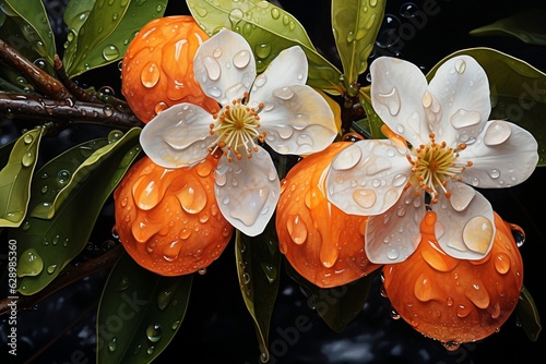 Orange Blossoms with Water Droplets: A Painted Delight. AI photo