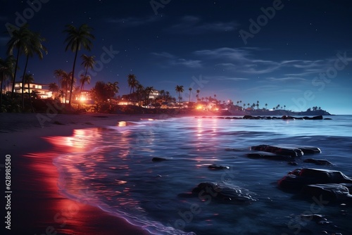 Night Beach with Neon Lights. AI