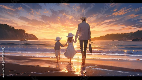 family walking by the sea