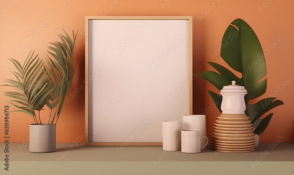 There is a blank picture frame mockup on the platform, along with some plant decorations There is a blank picture frame mockup on the platform, along with some plant decorations