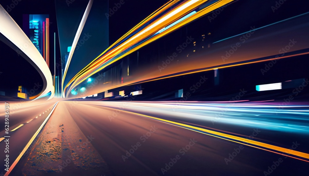 Long exposure of night city. Car motion trails on road. Speed light streaks background with blurred fast moving light effect.