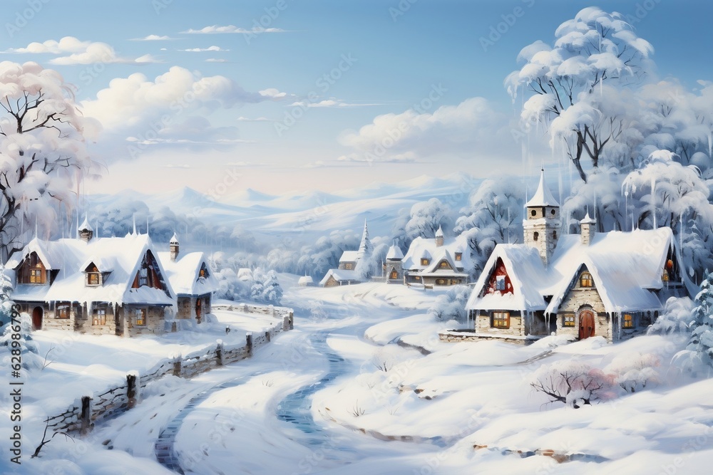 Winter Village Landscape: Christmas Decorations and Snowy Scenery. AI