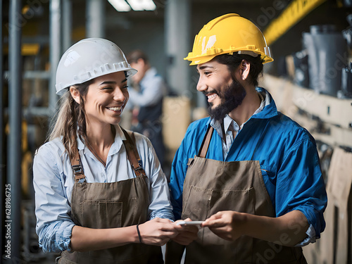 Portrait of happy industrial factory workers. Man and woman  professional worker in a helmet. Labour day concept with people. AI Generative