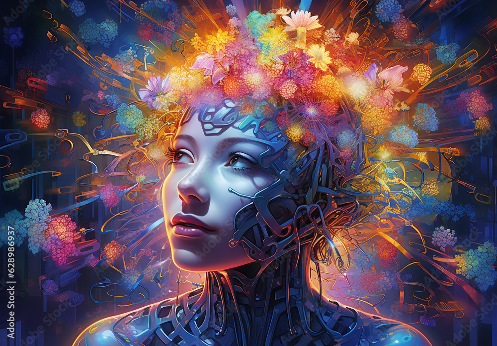 a woman's head, artificial intelligence model, radiant colors and energy. the fusion of human and AI capabilities, cognitive science, artificial intelligence development ( Generated with AI)