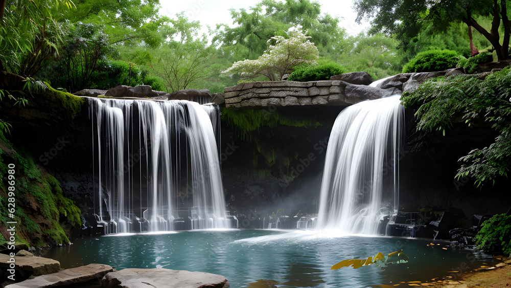 Scenic waterfall landscape in the park spring summer by green foliage of plants