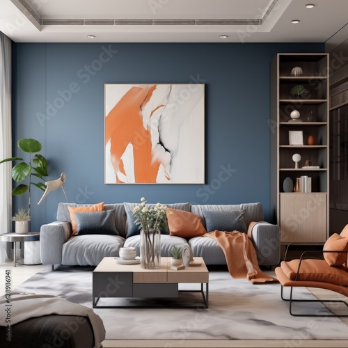 Stunning blue living room with orange decoration illustration made with Generative AI  © Santasombra