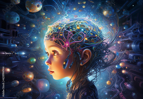 a child girl's head, artificial intelligence model, radiant colors and energy. the fusion of human and AI capabilities, cognitive science, artificial intelligence development ( Generated with AI)