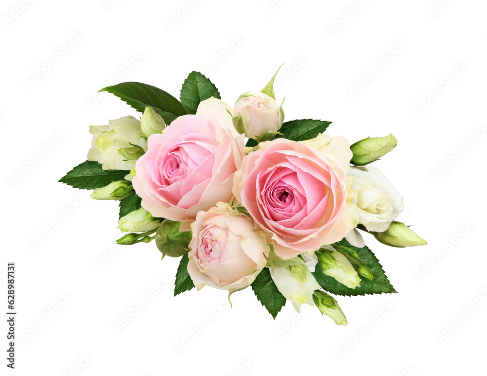 Fototapeta premium Floral arrangement with pink roses and eustoma flowers isolated on white or transparent background