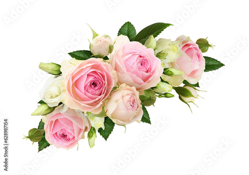 Floral corner arrangement with pink roses and eustoma flowers isolated on white or transparent background