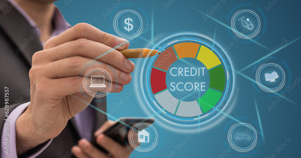 Business, technology, internet concept on hexagons and transparent honeycomb background. Businessman pressing button on touch screen interface and select credit score Business, technology, internet concept on hexagons and transparent honeycomb background. Businessman pressing button on touch screen interface and select credit score