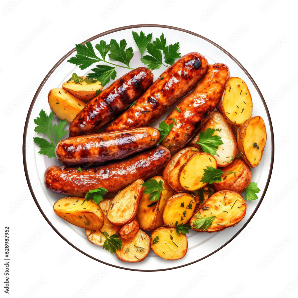 Delicious Plate of Sausages and Potatoes Isolated on a Transparent Background Delicious Plate of Sausages and Potatoes Isolated on a Transparent Background