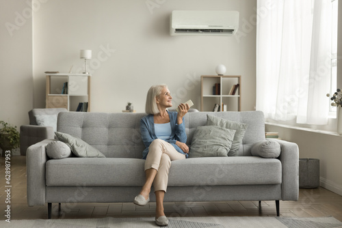 Positive relaxed senior lady using remote control for turning AC on, starting cooling domestic equipment, relaxing on comfortable home couch in cozy modern apartment interior