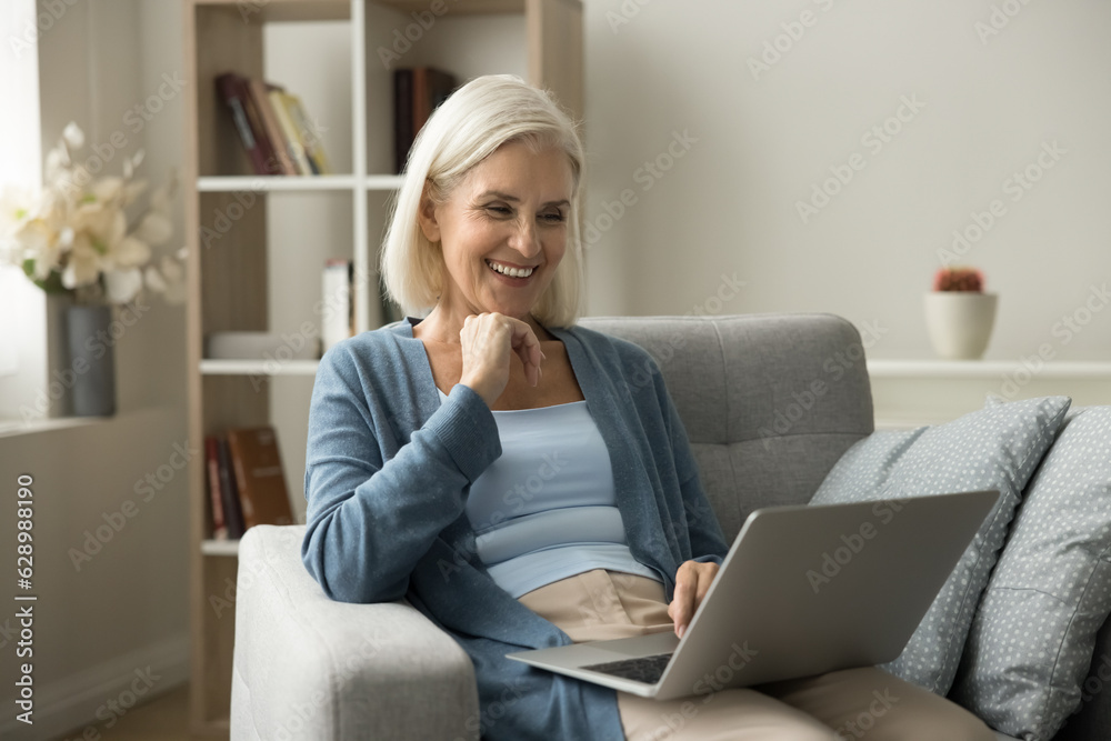Cheerful retired elderly woman enjoying video call talk from home, Internet communication, wireless connection, keeping laptop on lap, typing, looking at screen, laughing, smiling Cheerful retired elderly woman enjoying video call talk from home, Internet communication, wireless connection, keeping laptop on lap, typing, looking at screen, laughing, smiling