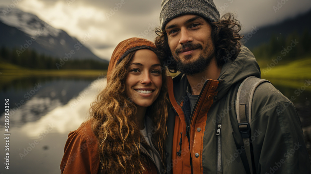 portrait of a couple of hikers in the autumn mountains. couple of tourists in a mountain landscape in the background.generative ai