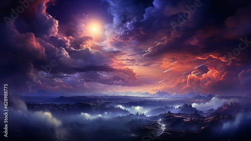 fantasy landscape with colorful fantasy trees and clouds.generative ai