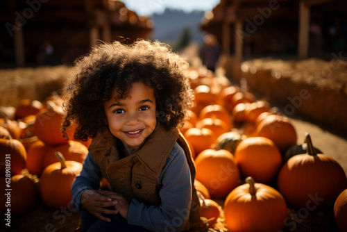 mixed race girl child holding  fall autumnhalloween pumpkin © Sam