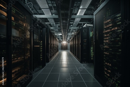 Server racks arranged in a data center's server room. Generative AI