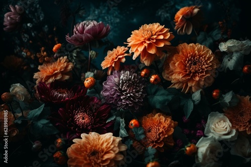 Flowers on vibrant floral wallpaper. Artistic visualization. Generative AI © Brian