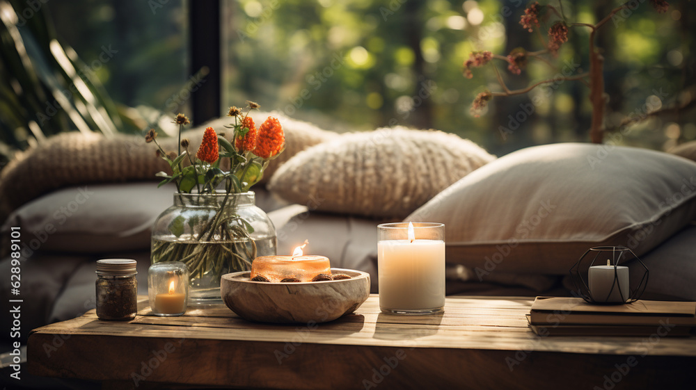 glass candle with flowers on table.generative ai glass candle with flowers on table.generative ai