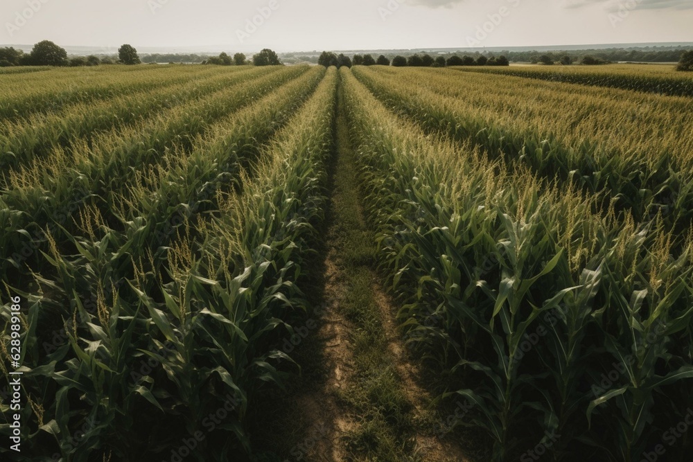 Panoramic aerial view of a cornfield plantation. Generative AI