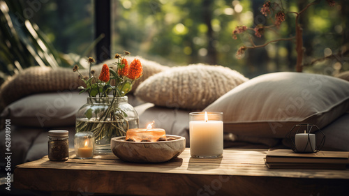 glass candle with flowers on table.generative ai