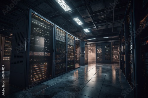 A 3D view of an active server room with racks, data center, control room. Generative AI