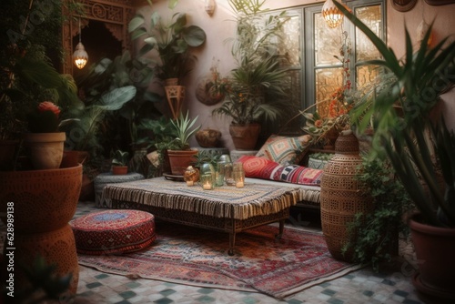 Garden adorned with Moroccan-inspired bohemian elements: potted plants, carpet, and cushions. Generative AI © Kenneth
