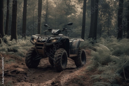 Nimble quad bike navigates wooded terrain. Generative AI