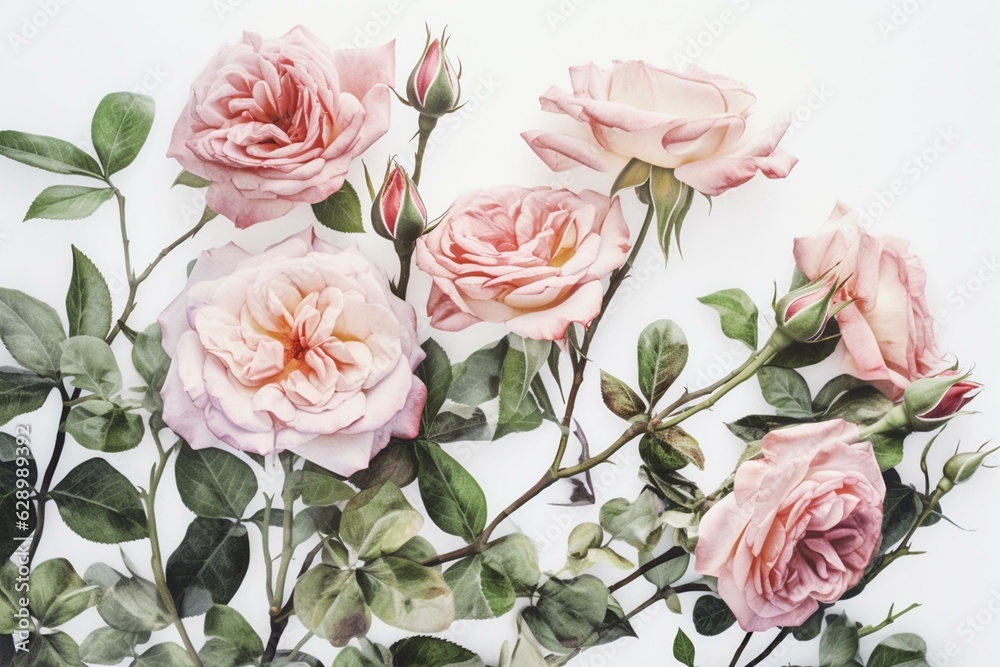 Delicate watercolor pattern of vintage pink roses on a white background. Generative AI