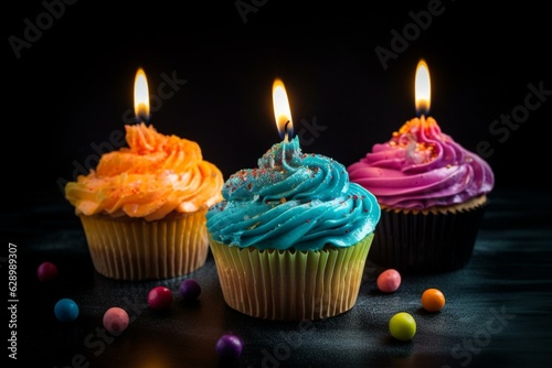 Vibrant birthday cupcakes with candles on a black backdrop. Generative AI