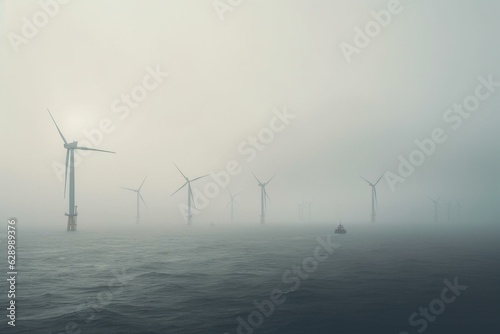 Offshore wind turbines on a misty morning, harnessing renewable energy for sustainable electricity. Generative AI