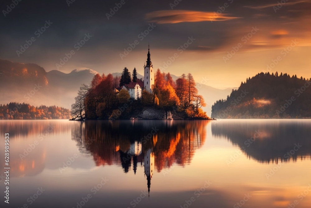 Autumn sunrise over Lake Bled with church on small island in Triglav park, Slovenia. Generative AI